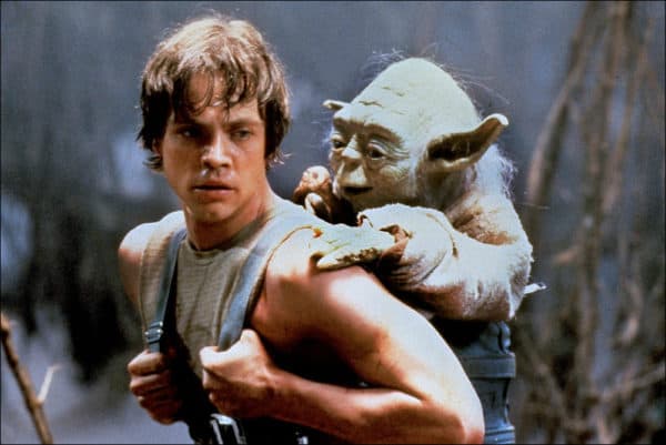 Luke Skywalker with Yoda in a baby carrier