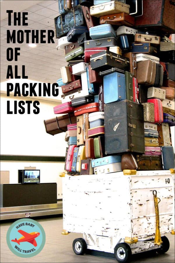 A giant pile of luggage like you might need after using this baby travel packing list